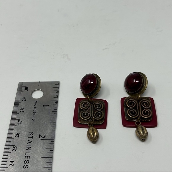 Boho Red Swirl Stud Dangle Earrings with Bronze Swirl Knotted Design Unique - Picture 8 of 8